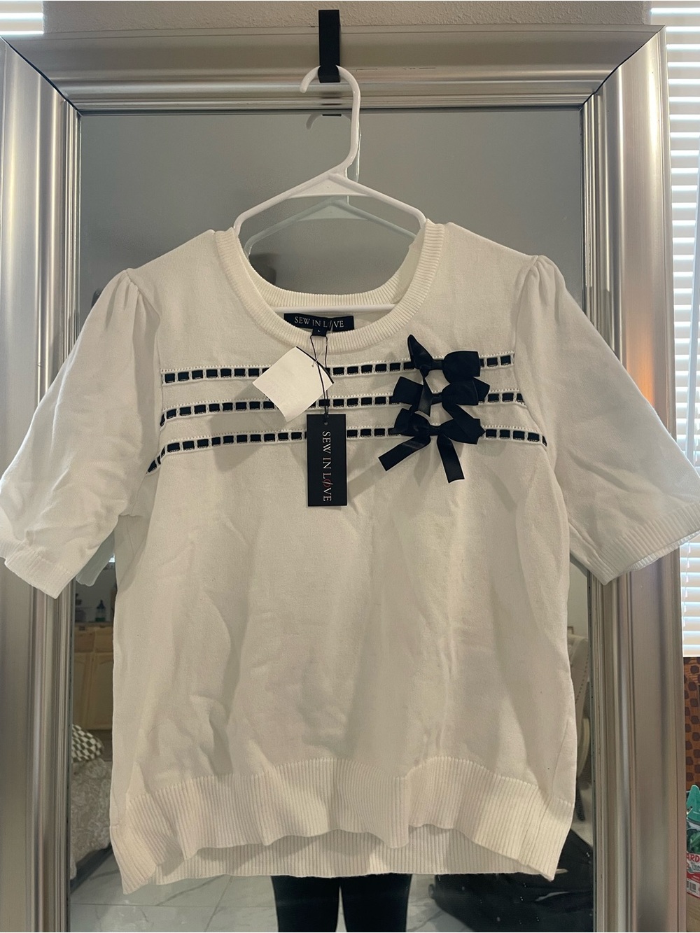 Sew In Love White Short Sleeve Sweater Top with black Ribbon Bows